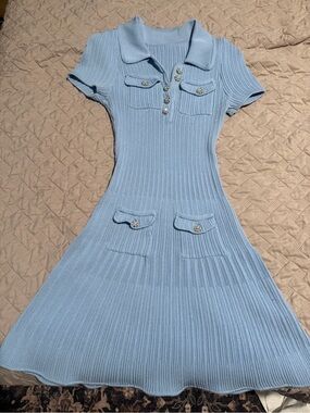 Rib Knit Polo Dress in Light Blue